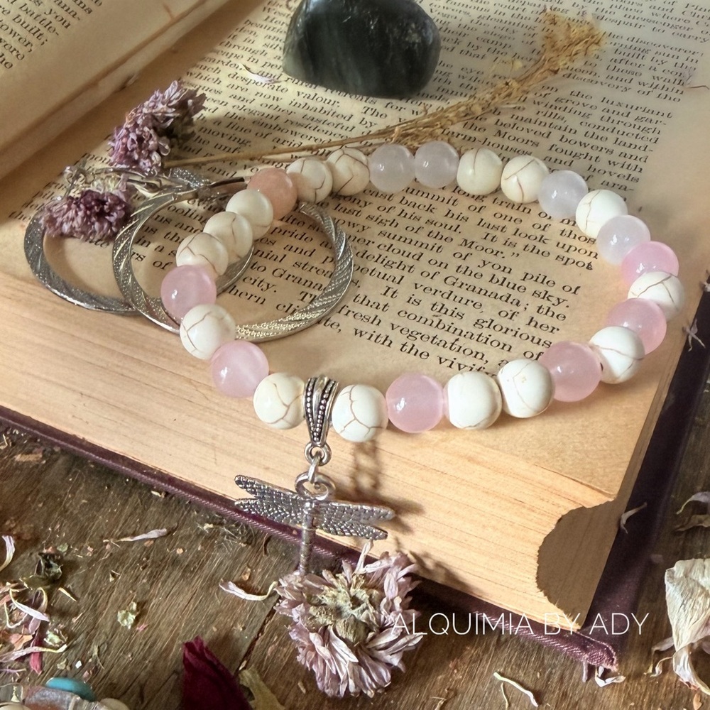 Curated gemstones duo Pink and Cream Beaded Bracelet and silver hoops